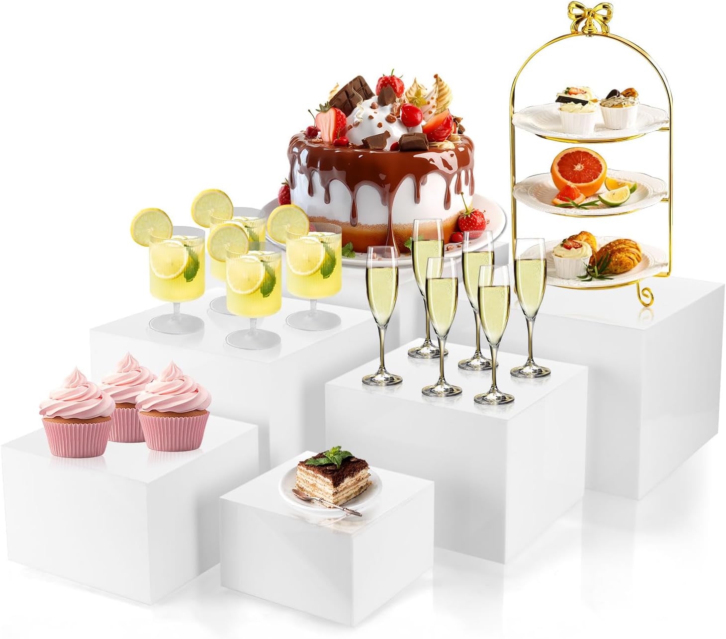 White Risers for Food Display, 6 Pcs White Acrylic Risers for Buffet Table, Square Nesting Buffet Risers for Dessert Jewelry Collectibles, Sizes 10" 9" 8" 7" 6" 5"