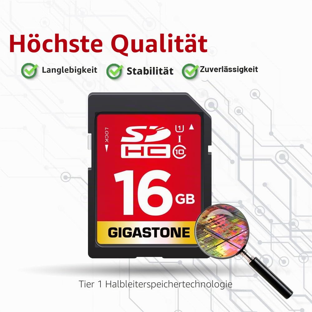 Gigastone 16 GB SDHC-Speicherkarte, 2 Stück, Prime-Serie, Übertragungsgeschwindigkeit bis zu 80 MB/s, für Fotos, Videos, Musik, Dateien, Camcorder, Kamera, PC, Klasse 10 U1 UHS-I