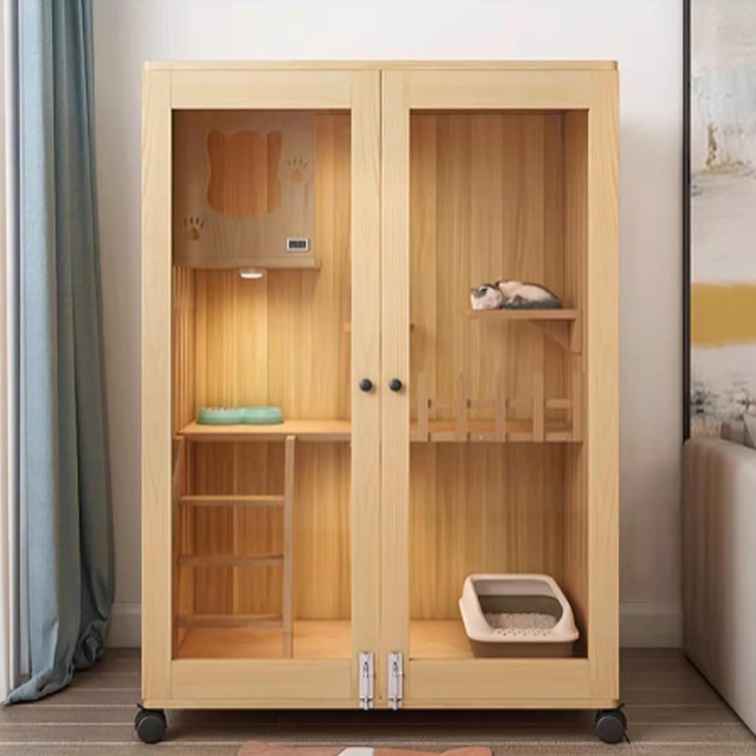 Cat Cage Wood, Enclosed Cat Playpen, Cat Crates for Indoor Cats, Cat Enclosures Indoor with Wheels for Ferret, Chinchilla, Rabbit, Small Animals(90x60x120cm)