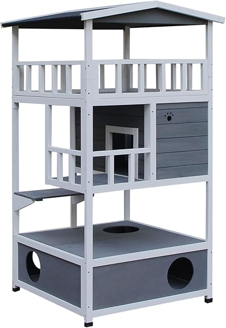 PawHut Wooden Outdoor Cat House 3-Tier for Winter Kitten Shelter Lodge w/ Tilted Roof Terrace Jump Step Bottom Tray Elevated Base Waterproof Paint 140x78x76cm Grey