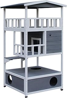 PawHut Wooden Outdoor Cat House, Feral Cat Shelter Kitten Tree with Asphalt Roof, Escape Doors, Condo, Jumping Platform