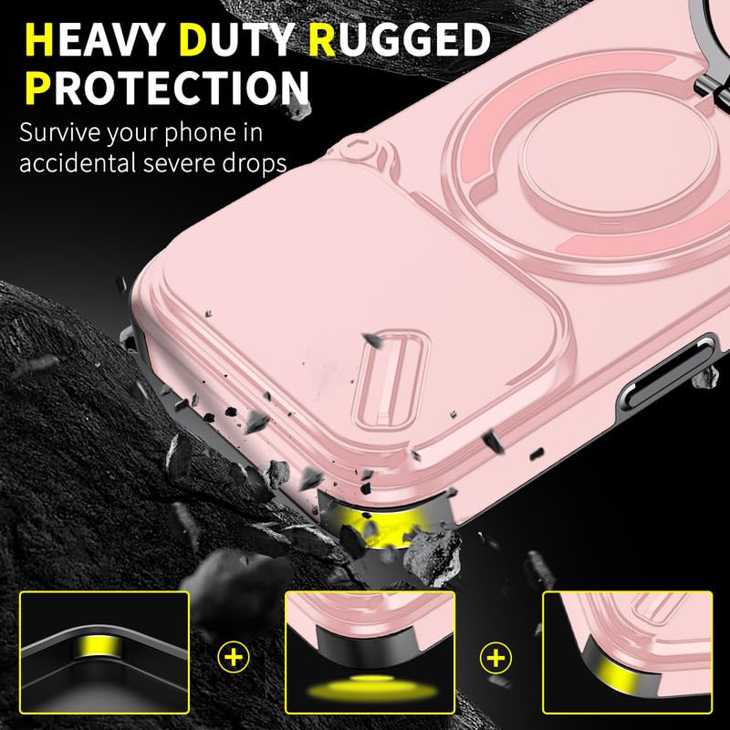 Image of LuxuryKase Shockproof Rugged Case for iPhone 17 Pro Max | Slide Camera Cover | 360 Rotating Ring Kickstand | Military-Grade Protection - Rose Pink