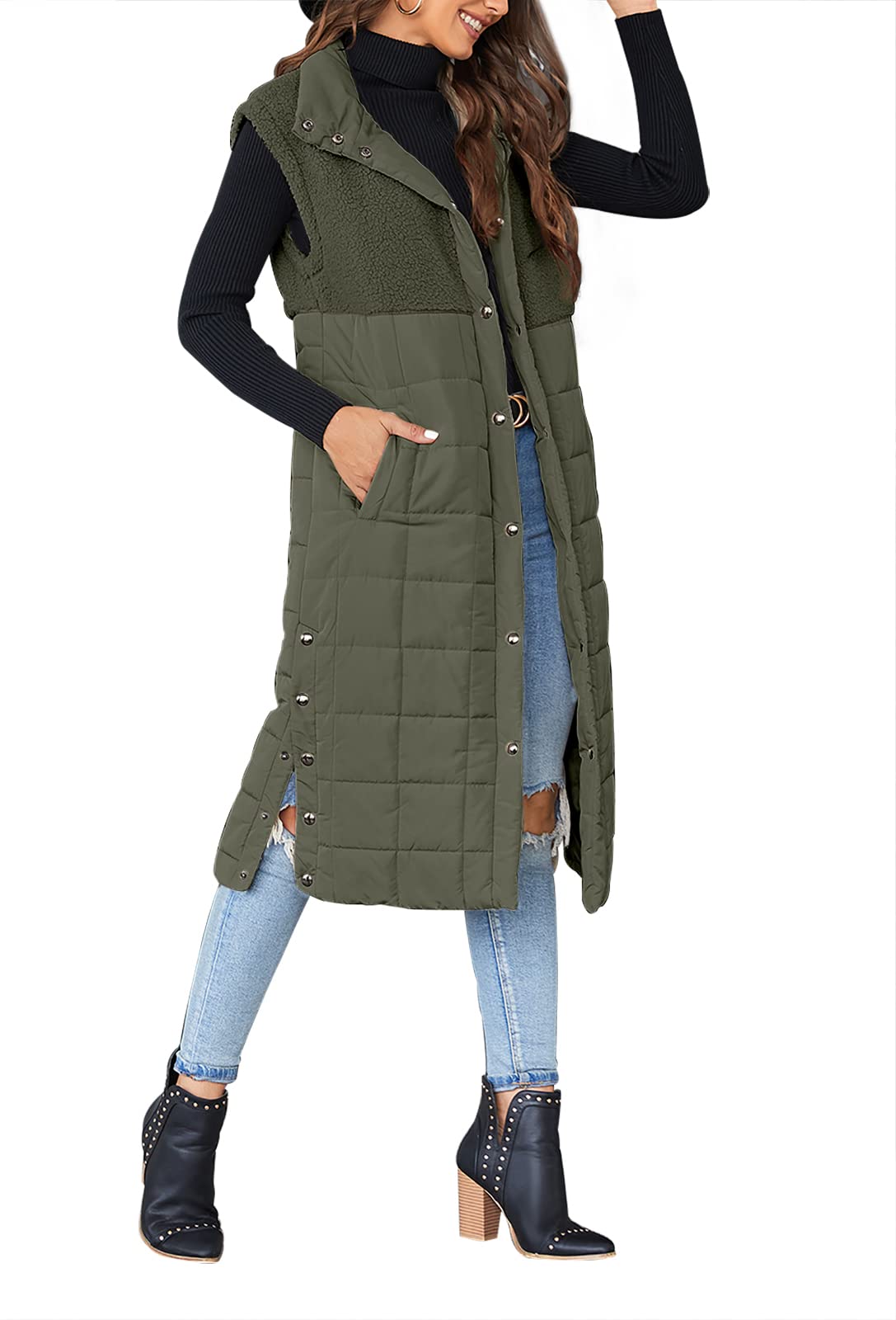 UMEKOWomen's Long Puffer Vest Fleece Jacket Winter Button Down Sleeveless Coats