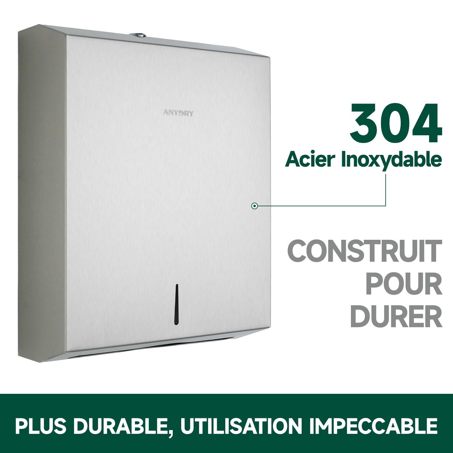 anydry Distributeur de Serviettes en Papier Commercial monté sur Mur – Capacité de 400 Feuilles, INOX Brossé, verrouillable,multifold/Z-Fold (Taille pliée ≤ 27 cm x 10 cm) Brossé