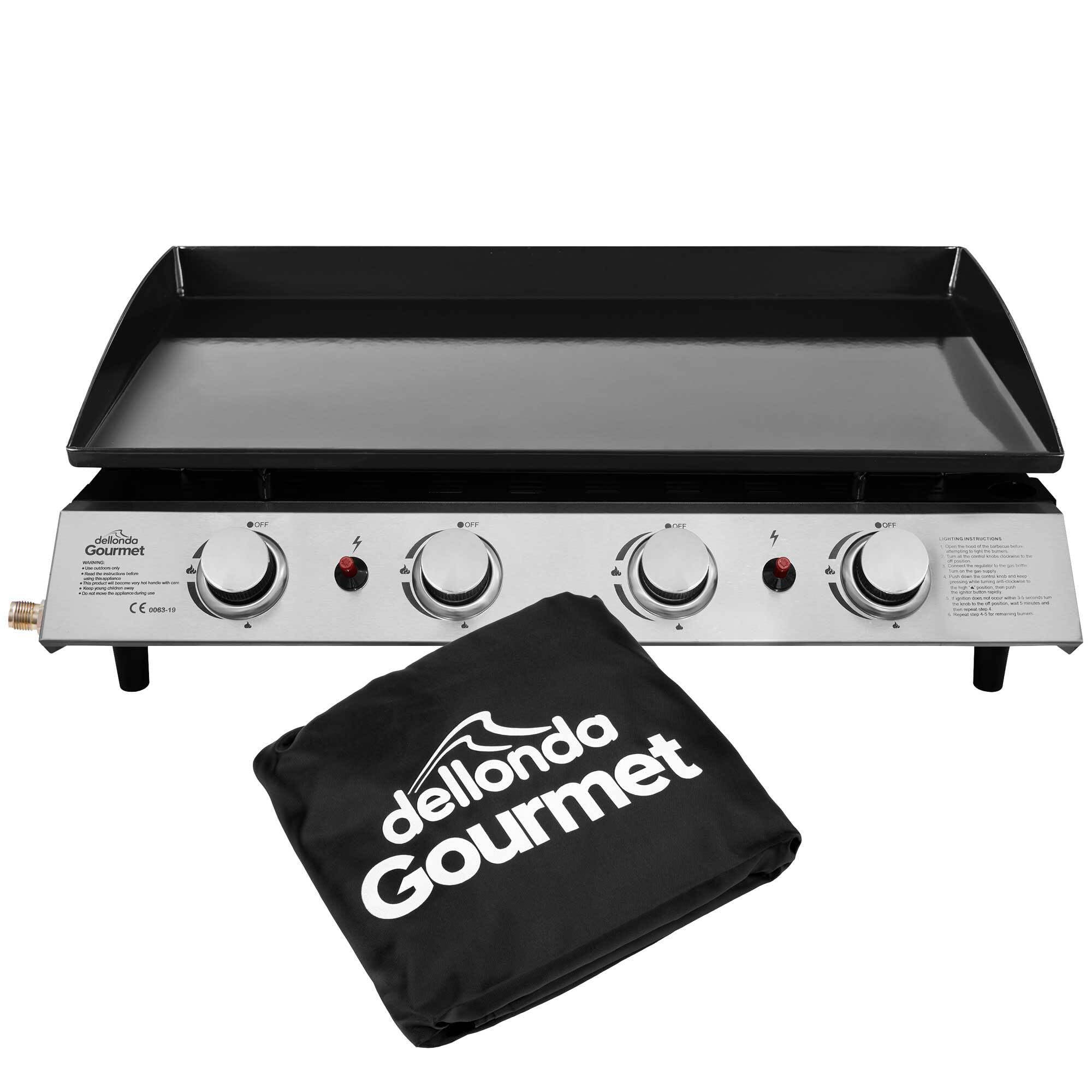 Dellonda 4 Burner Portable Gas Plancha 10kW BBQ Griddle, Supplied with Water Resistant PVC Cover, Stainless Steel - DG234
