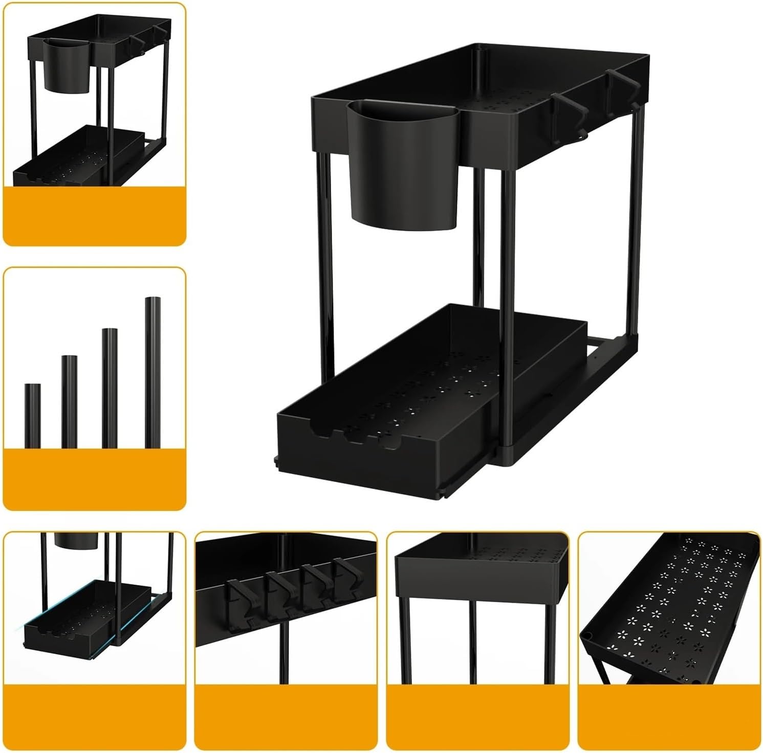 PETRELS Storage Racks 2Pcs 2-Tier Sliding Cabinet Organizer, Pull-Out Under Sink Rack, Double-Layer Storage Shelf Kitchen & Bathroom(Black)