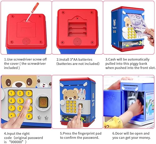 Miniatura 8 de AIQI Hucha de juguete electrónico mini cajero automático con contraseña personal y simulación de desbloqueo de huellas dactilares, caja de música