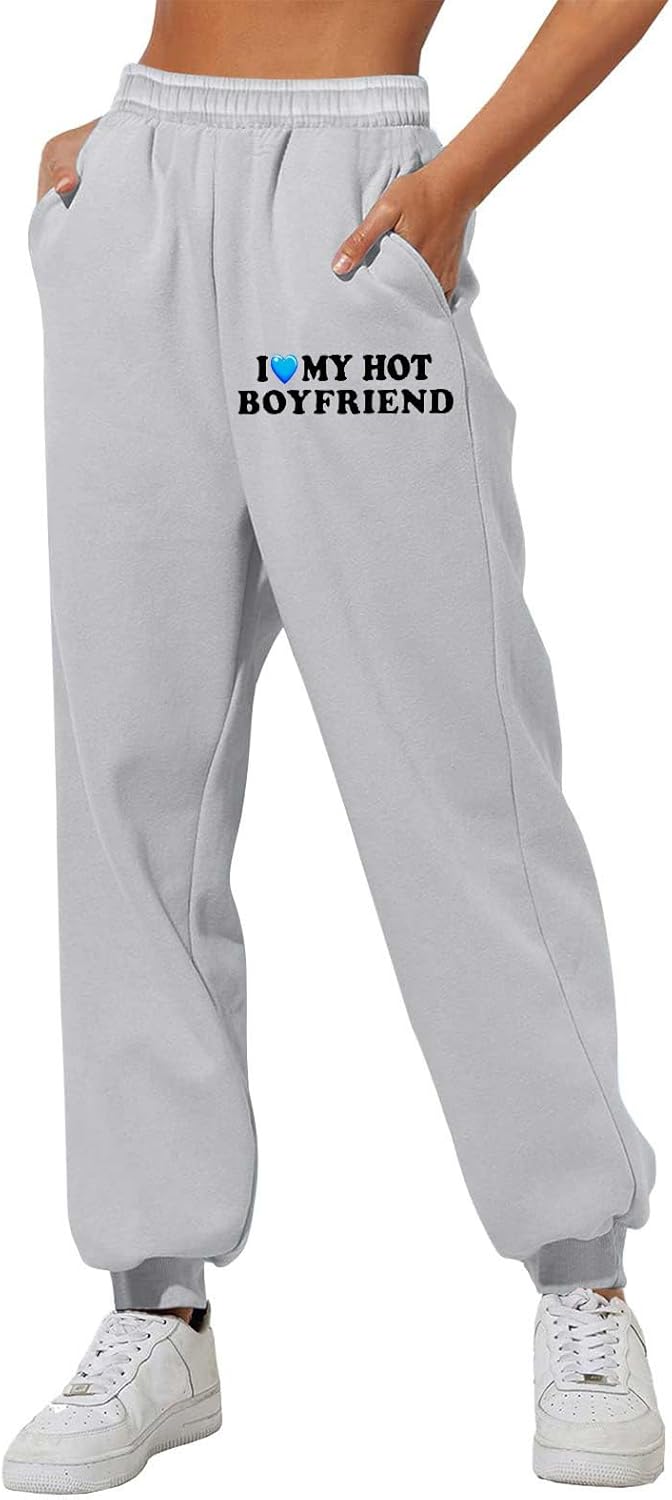 Womens Cinch Bottom Sweatpants Pockets I Love My HOT Boyfriend Letter Graphic Print Yoga Lounge Comfy Workout Jogging Pants