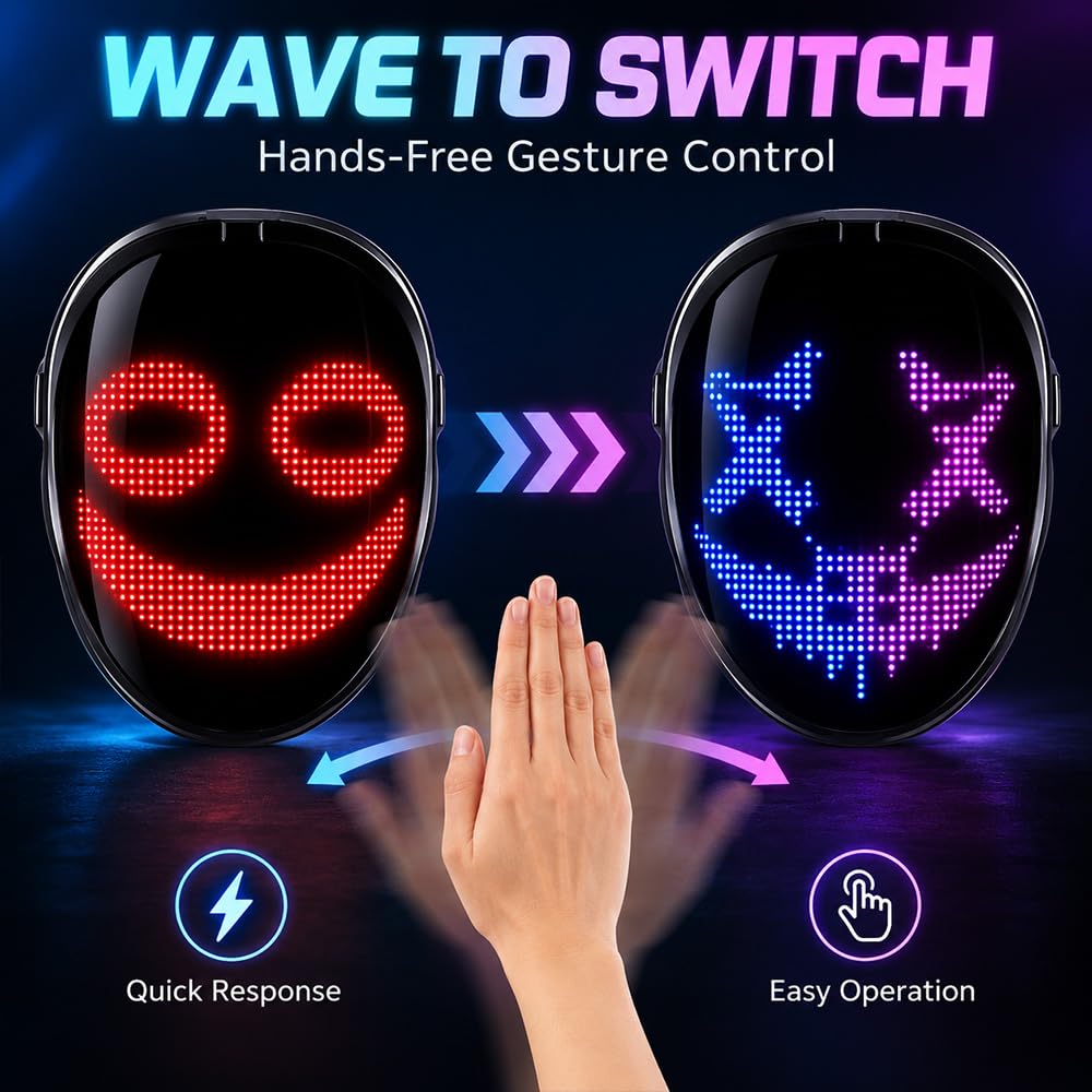 Maschera a LED con rilevamento dei gesti, 115 immagini e 12H batteria LED