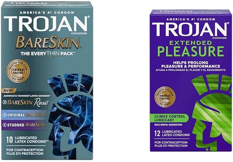 Trojan Bareskin Condoms 10 Count & Trojan Extended Pleasure Climax Control Condoms 12 Count Bundle