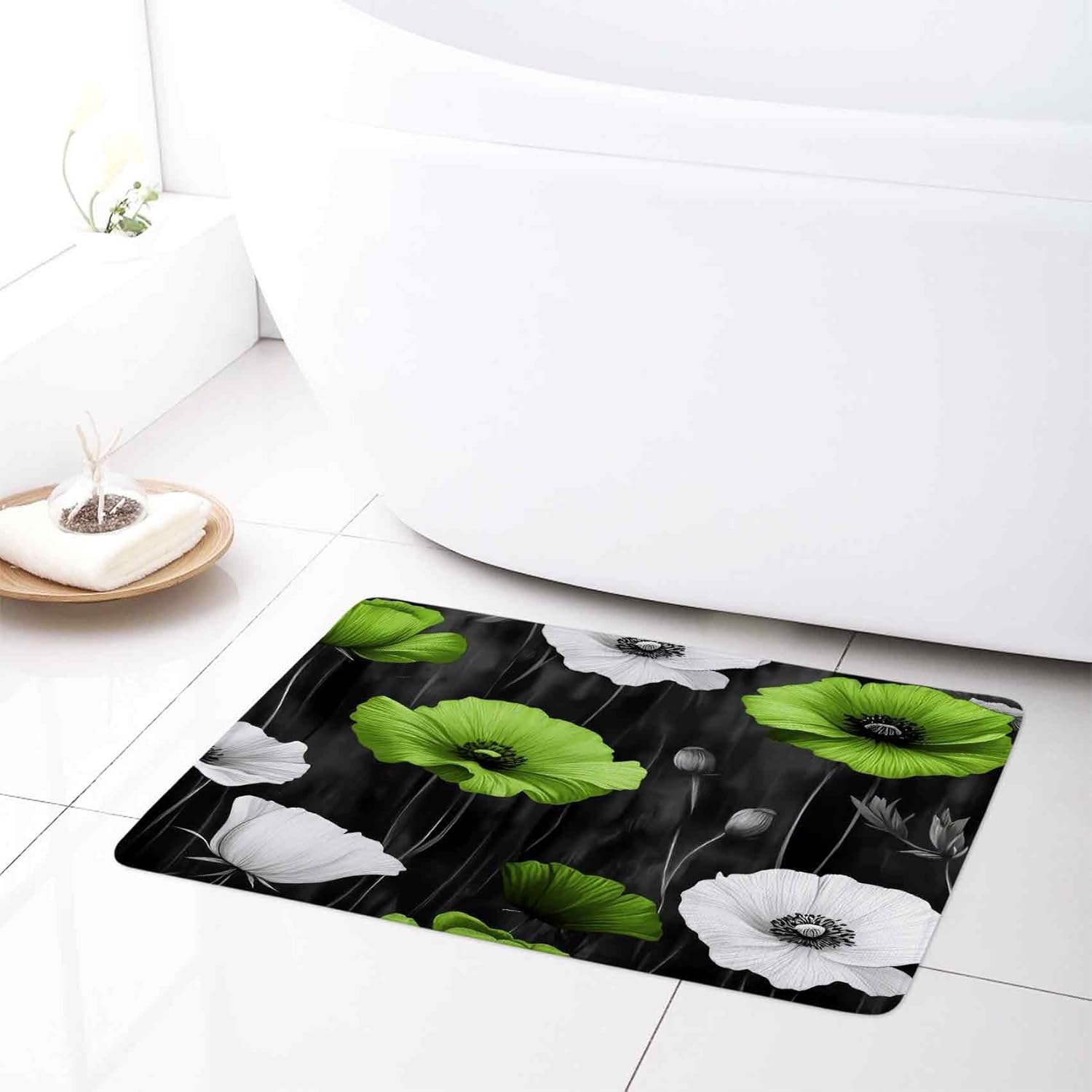 LB Aesthetic Floral Shower Curtain, Rustic Green and White Flower Modern Black and Grey Shower Curtain and Rug Set, Washable Waterproof Fabric Bathroom Curtains with Hooks,72x72 inch
