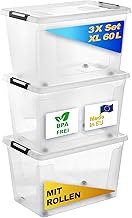 Gardissimo Set of 3 Storage Boxes with Lid and Wheels Clip 60 Litres, Plastic Boxes, Stacking Boxes, Plastic, Made in Europe, Clip Closure, BPA-Free, Transparent/Transparent