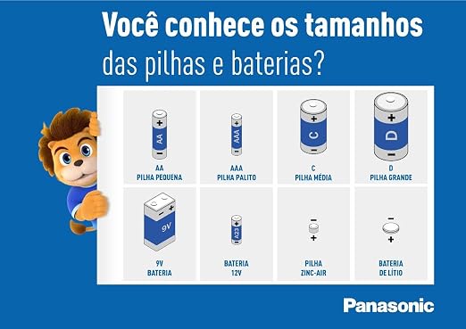 Tipos de pilhas e baterias, ilustração colorida com personagem.