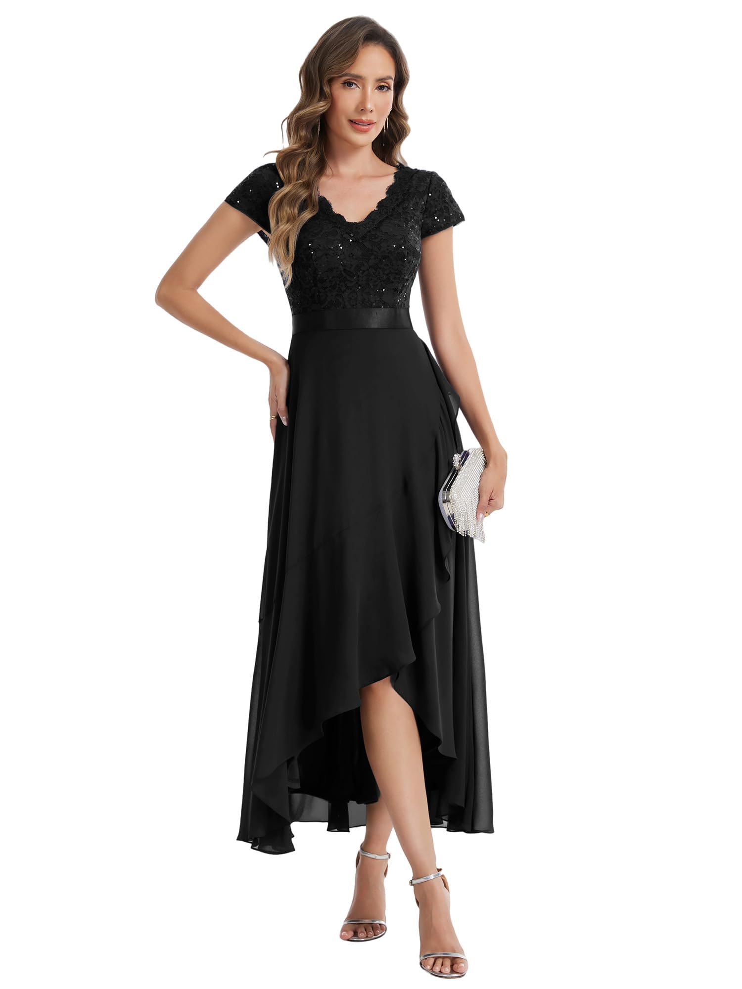 Ever-Pretty Robe de Soirée Chic Col en V Manches Courtes Mousseline Dentelle High-Low EE02644