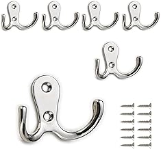 PAIDASHU 6-Pack Double Coat Hooks, Metal Hooks, Wall-Mounted Coat Hooks with Screws for Hanging Clothes, Hats, Towels, Keys, Kitchenware, for Living Room, Bedroom, Bathroom, Kitchen (Silvery)