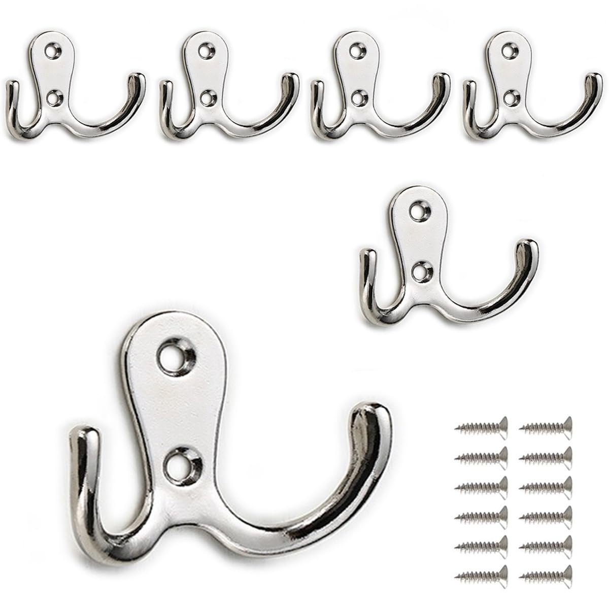 PAIDASHU 6-Pack Double Coat Hooks, Metal Hooks, Wall-Mounted Coat Hooks with Screws for Hanging Clothes, Hats, Towels, Keys, Kitchenware, for Living Room, Bedroom, Bathroom, Kitchen (Silvery)