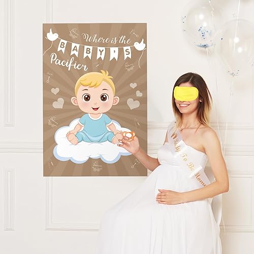 Vista 5 de Hxezoc Pin de juego para baby shower, con 72 calcomanías para chupete, póster grande de juegos de fiesta de bebé para niños, baby shower
