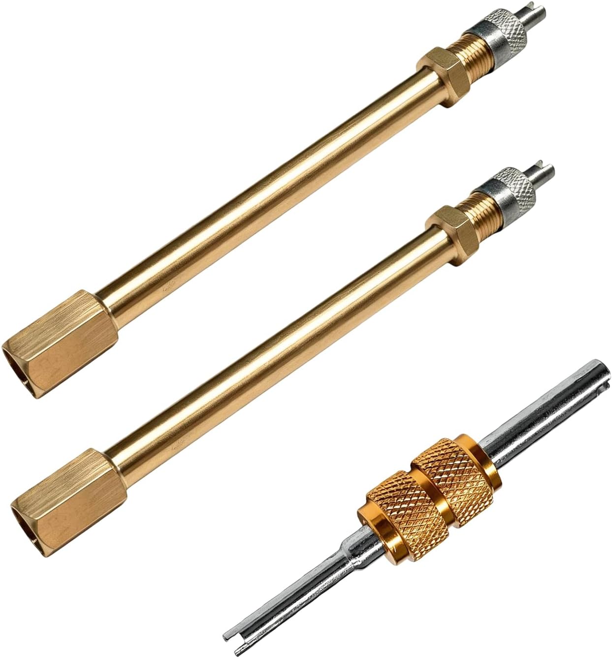 Dually Valve Stem Extenders, 180 Degree Nickel Plated Brass Valves Stem Extensions with Valve Core Wrench, Universal Heavy Duty Tire Stems Extender for Truck RV Motorcycle Bike