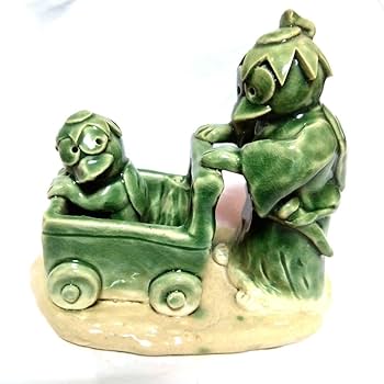 河童　囲碁　置物　陶器 珍品】時代物 織部焼 織部釉 河童(カッパ)の囲碁打 飾り物