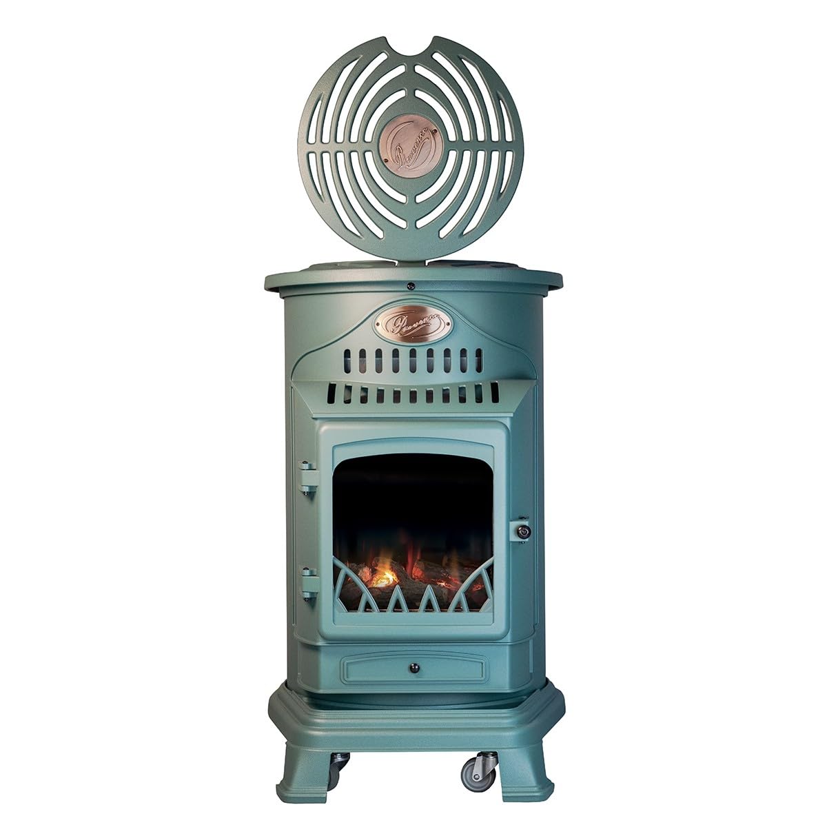 Sahara - Poêle à gaz Provence 3,4 KW Vert Effet poêle à Bois Fonte véritable Chauffage d'appoint + Tuyau gaz et détendeur gaz