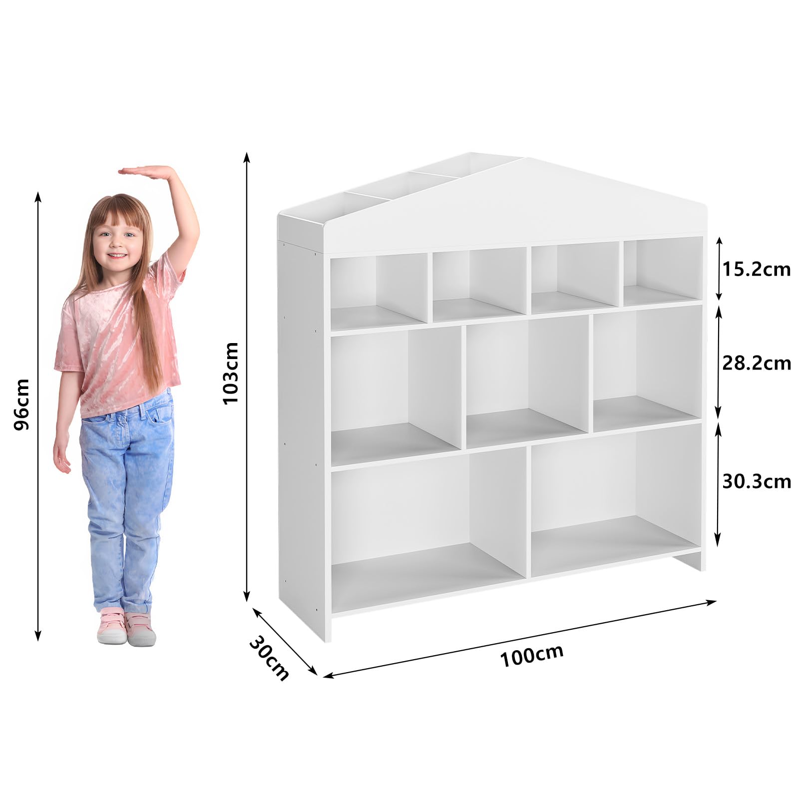 Sécurité et Design Maison – Bibliothèque Enfant en Forme Maison | 4 niveaux, 15 cubes, étagère à livres et jouets en bois