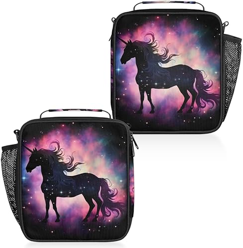 Miniatura 8 de Lonchera con diseño de unicornio y galaxia arcoíris para niños y niñas, bolsa de almuerzo aislada con correa ajustable para el hombro, reutilizable,