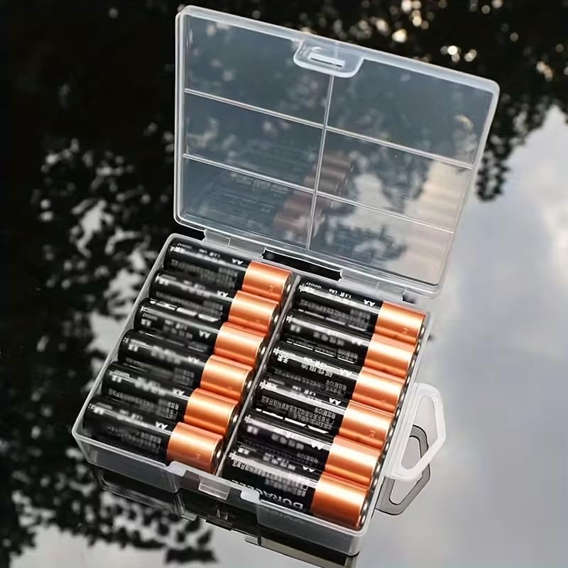 1Pc Clear Plastic Storage Organizer Box for 24 AA Batteries Durable Transparent Case with Secure Compartment Dividers, Space-Saving Design for Home, Office,Travel, Battery Storage Spacesaving Box