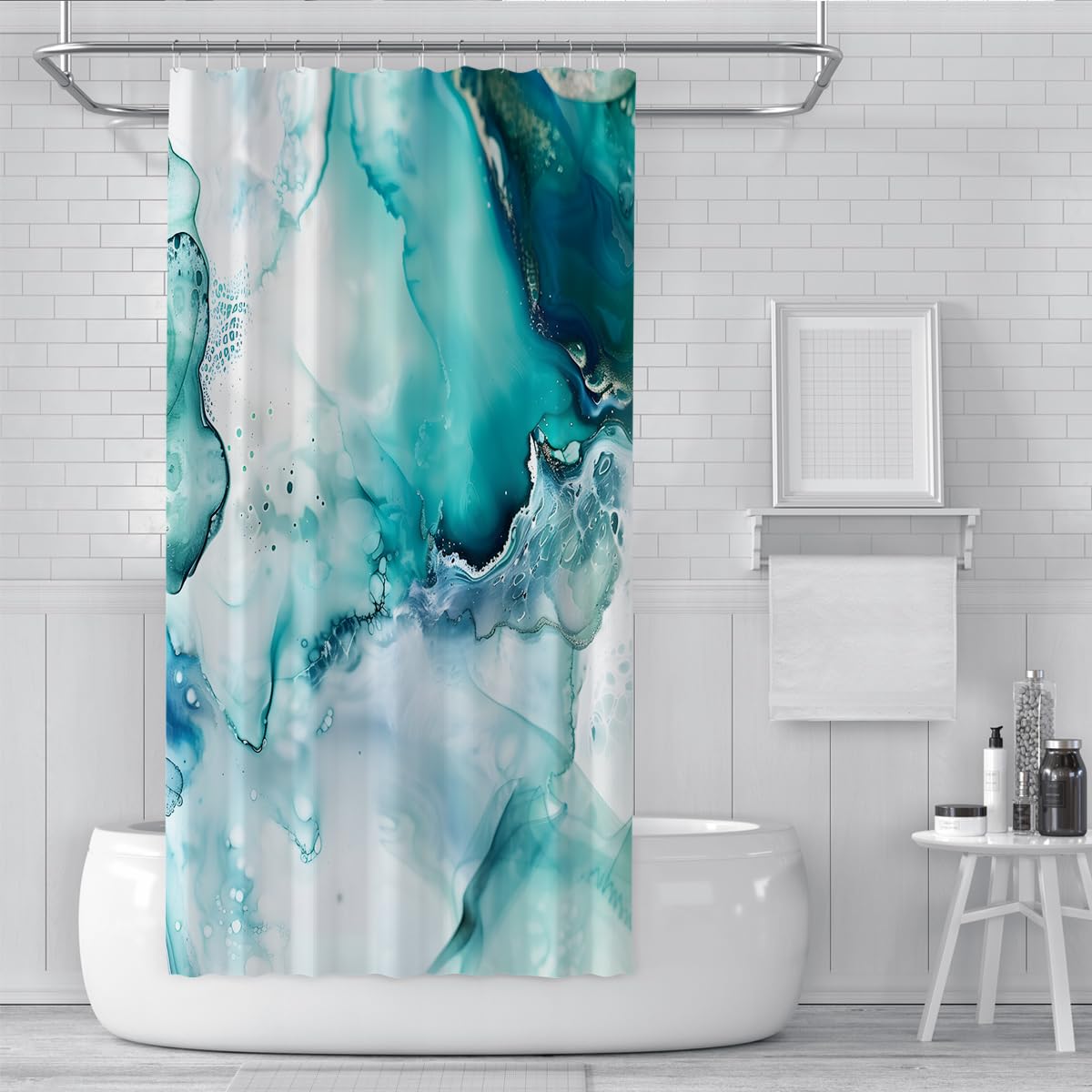 Rideau de douche art fluide abstrait sarcelle contemporain W200xL200 cm
