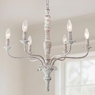6-Lights French Country Chandelier Farmhouse Rustic Distressed Wood Whit...