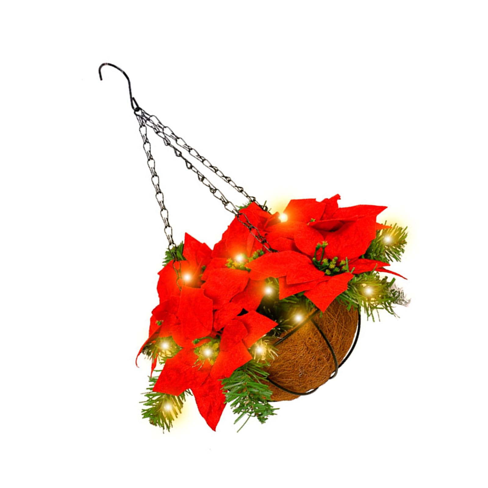 Festive LED Artificial Poinsettia Floral Arrangement Hanging Basket Red Flowers For Home Christmas Decoration Red Flowers For Christmas Decor