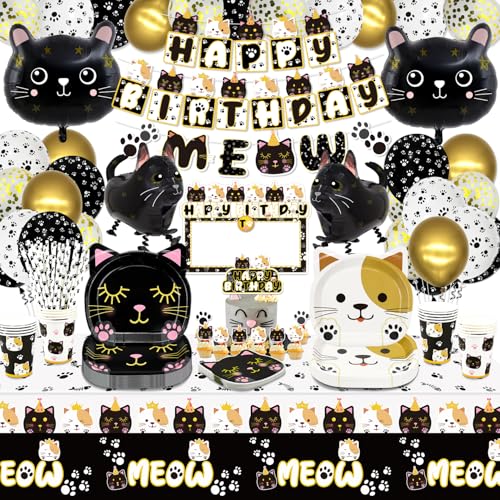Décoration de gâteau chat et kit vaisselle complet pour organiser une fête sans stress