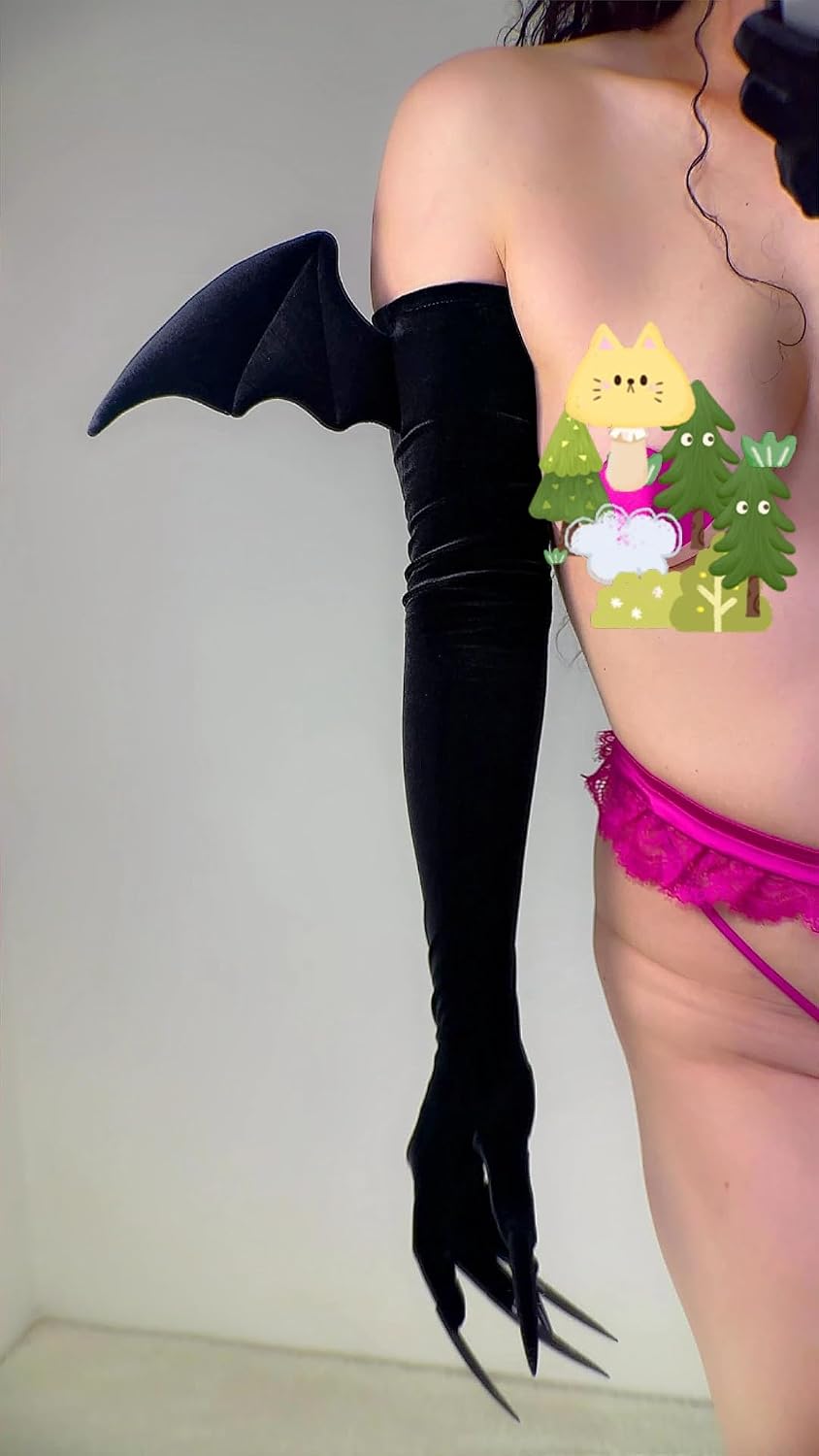 DooWay LONG NAILS GLOVES with Bat Wings Halloween Claws Stretchy Velvet 70cm Shoulder Long Devil Angel Copplay Costume