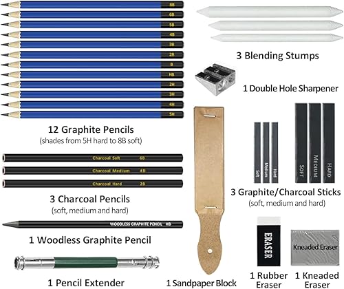 Miniatura 3 de LUCYCAZ Juego de dibujo, kit de boceto, 55 piezas de suministros de arte para adultos con lápices de dibujo, grafito y carbón, suministros de dibujo
