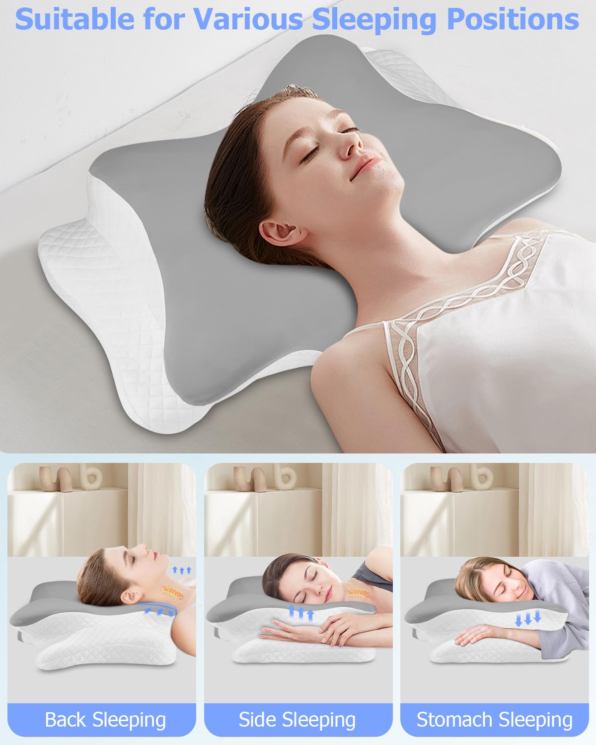 Cuscino Cervicale, 3 in 1 Cuscino Memory Foam, Cuscino Cervicale per Dormire, Cuscino Ortopedico, Cuscino Ortopedico Cervicale, Cuscino Ergonomico, per Schiena/Fianco/Stomaco, 65 x 40 x 10/12cm