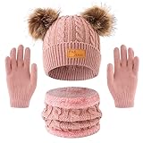 YRPACFB Mädchen Winter Beanie Hut, Schal, Handschuhe Set, Strickmütze Beanie Hut für Mädchen Jungen, Kinder Wintermütze Set, Jungen Handschuhe Runder Schal （Rosa）