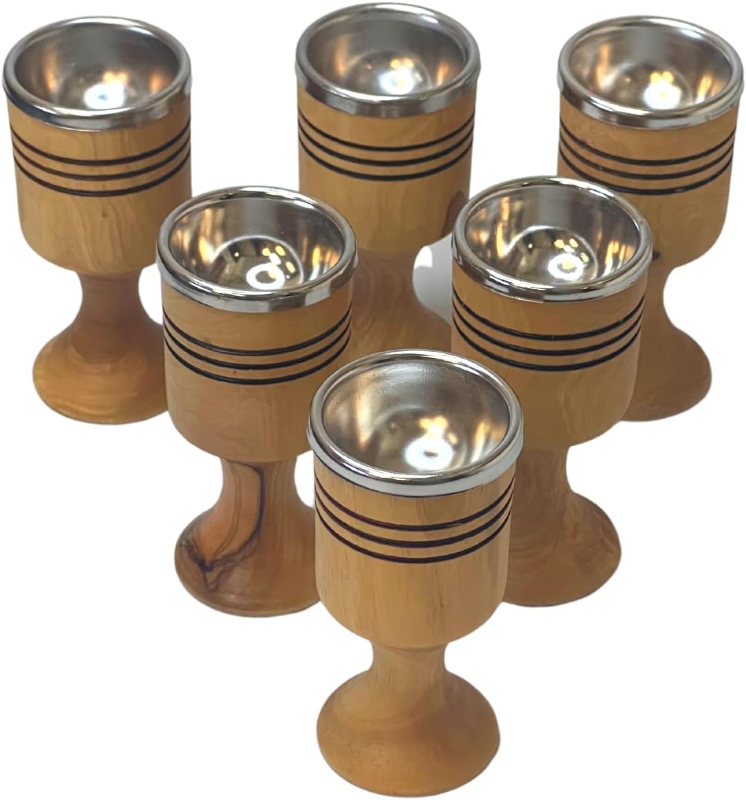 Olive Wood Communion Cups with Stem and Stainless Steel Insert - 3.6" Holy Land Chalices for Churches and Ministries - Bethlehem Artisan Communion Cups (6-Pack)