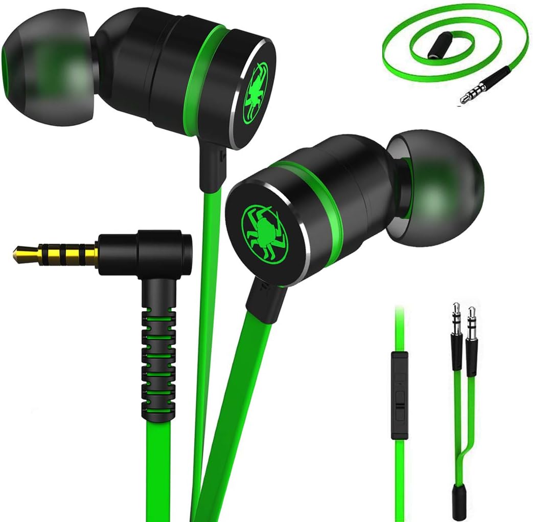 Plextone Gaming Earphones, RichBass in-Ear Headphones with L Sharp Plug & Extension Cable for PC, iPhone, Samsung, Laptop, Xiaomi (Upgrade Green)