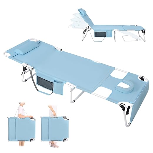 Tanning Chair with Face Hole, Heavy Duty Outside Lounge Chair, Folding Outdoor Face Down Tanning Chair Arm Hole for Reading Beach Poolside Patio Sunbathing Lawn Camping, Lay Flat Portable Sun Lounger