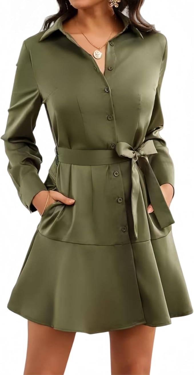 Women's Long Sleeve Button Up Midi Belt Shift Collar Dress with Pockets for Work Office Business