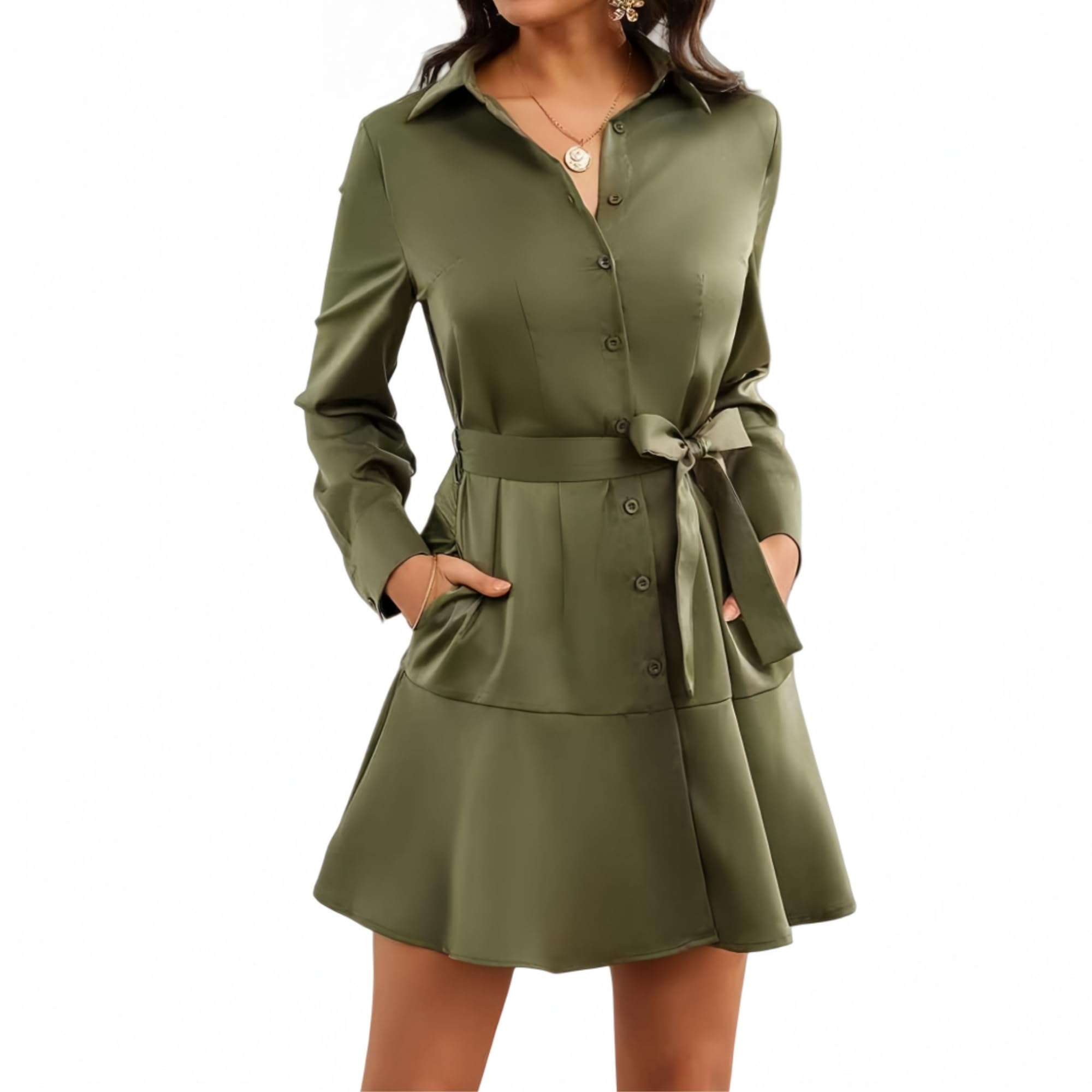 Women's Long Sleeve Button Up Midi Belt Shift Collar Dress with Pockets for Work Office Business