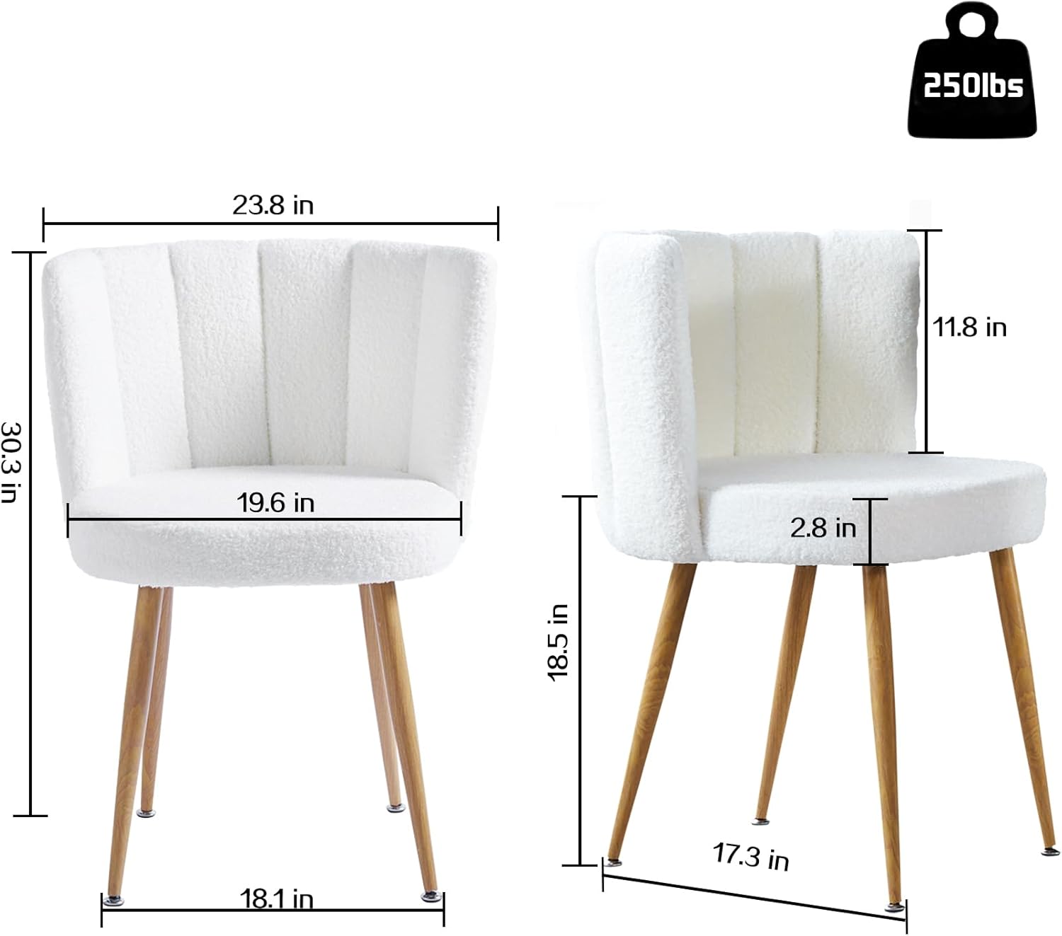 FMD White Sherpa Upholstered Dining Chairs Set of 2, Mid Century Modern Accent Chairs for Vanity Living Room