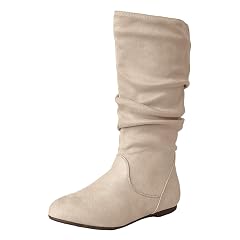 Womens Mid Calf Boots Faux Suede Low Heel Flat Boot Round Toe Slouch Boots Side Zipper Vintage Western