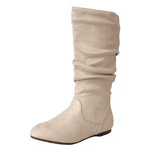 Womens Mid Calf Boots Faux Suede Low Heel Flat Boot Round Toe Slouch Boots Side Zipper Vintage Western