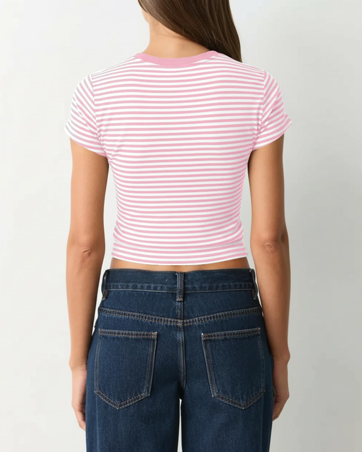 Women Preppy Cute Colorblock Striped Short Sleeve Cropped Tshirts Fitted Crewneck Crop Tee Tops Y2k Teen Clothes image 4