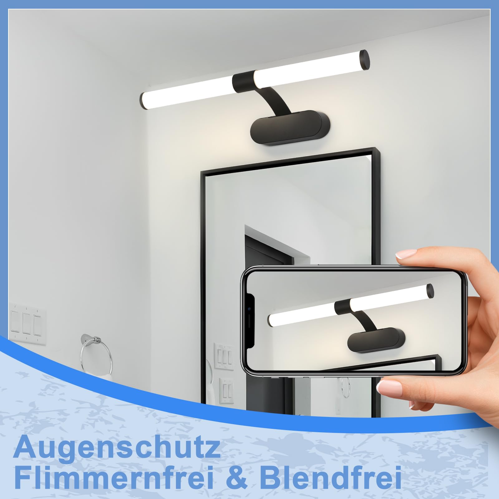 Homefire Lámpara de espejo LED para baño, negra 60 cm lámpara de pared baño 8W moderna impermeable IP44 4000K para sótano, cocina, armario cromado