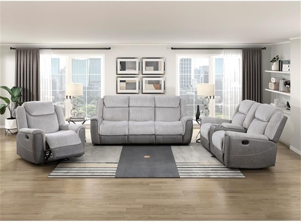 Pemberly Row Two-Tone Chenille Dual Reclining Loveseat, Gray Upholstery with Faux Leather, Built-in Console with Cupholders and Storage, Solid Wood Frame, Modern Living Room Seating, 300 lbs Per Seat