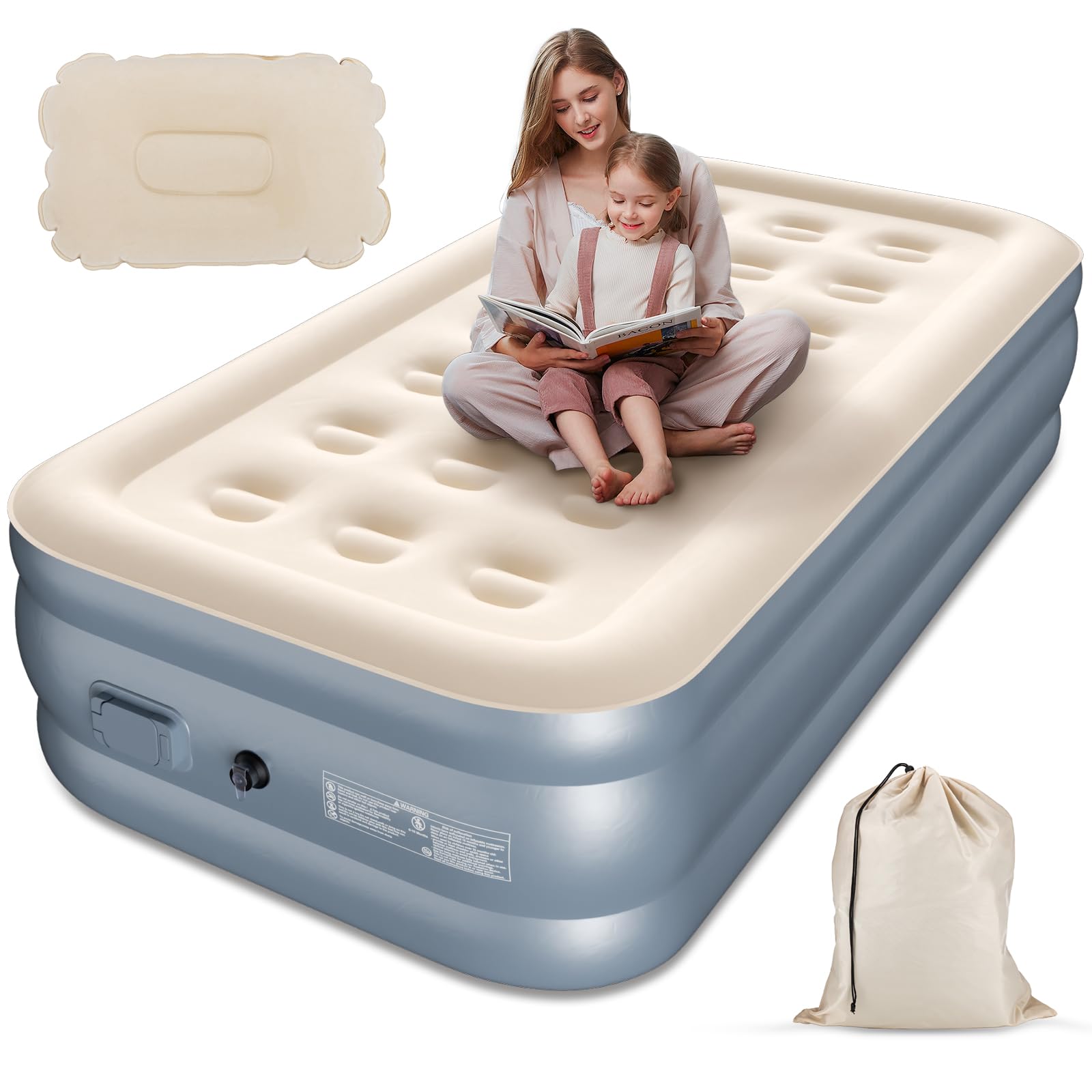 Colchon Inflable, Colchon Inflables Individual Duradero Con Bomba integrada, Almohada y Cargador USB, Colchón Inflable Inflación y Desinflación Automáticas, Ideal para Uso en el Hogar y Camping