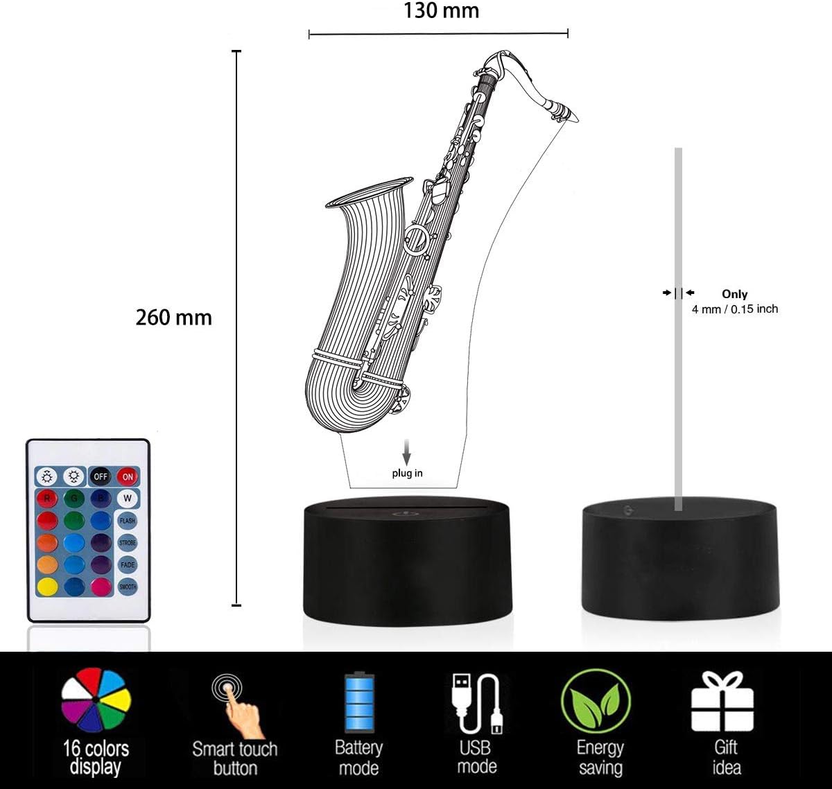 Bedoo 3D Lamp Illusion Night Light, Dimmable 16 Color Changing Smart Touch, Magic Saxophone Table Light Decoration Gift for Music Lovers Boys Men