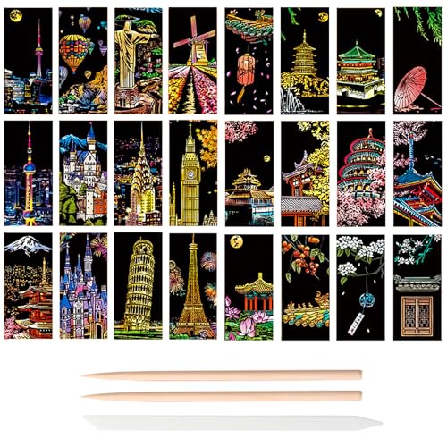 Belligern 24 Pcs Scratch Art,Scratch Art Scratching Acratch Art for Adults Creative Rainbow Scratch Notes Suitable for Adults and Children with 3 Scratching Pens