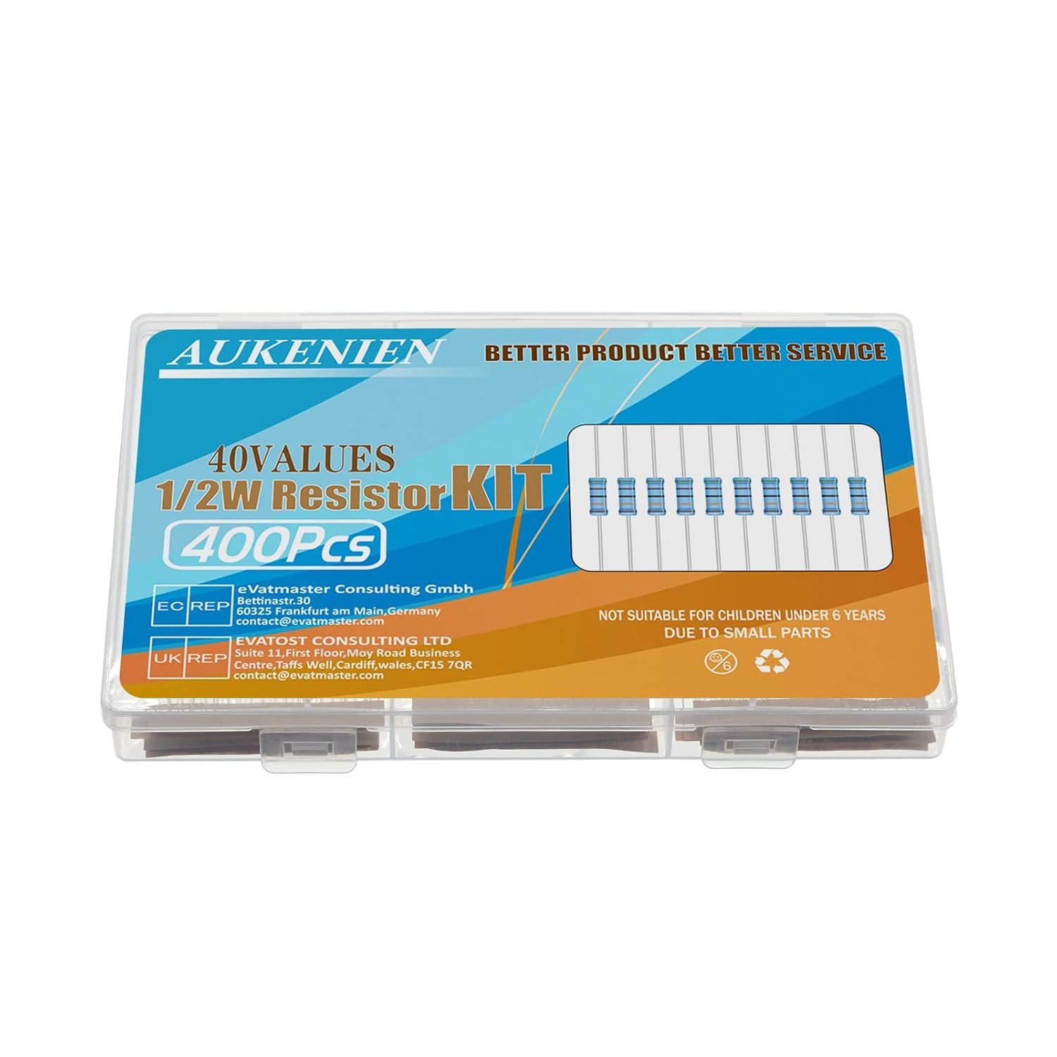 AUKENIEN 1/2W Resistor Kit 40 Values 400pcs 1/2 Watt Metal Film Resistors Assortment Kit 1 Ohm to 1M Ohm Fixed Assorted Resistors Pack Common SIL Resistor Set RoHS Compliant with ±1% Tolerance